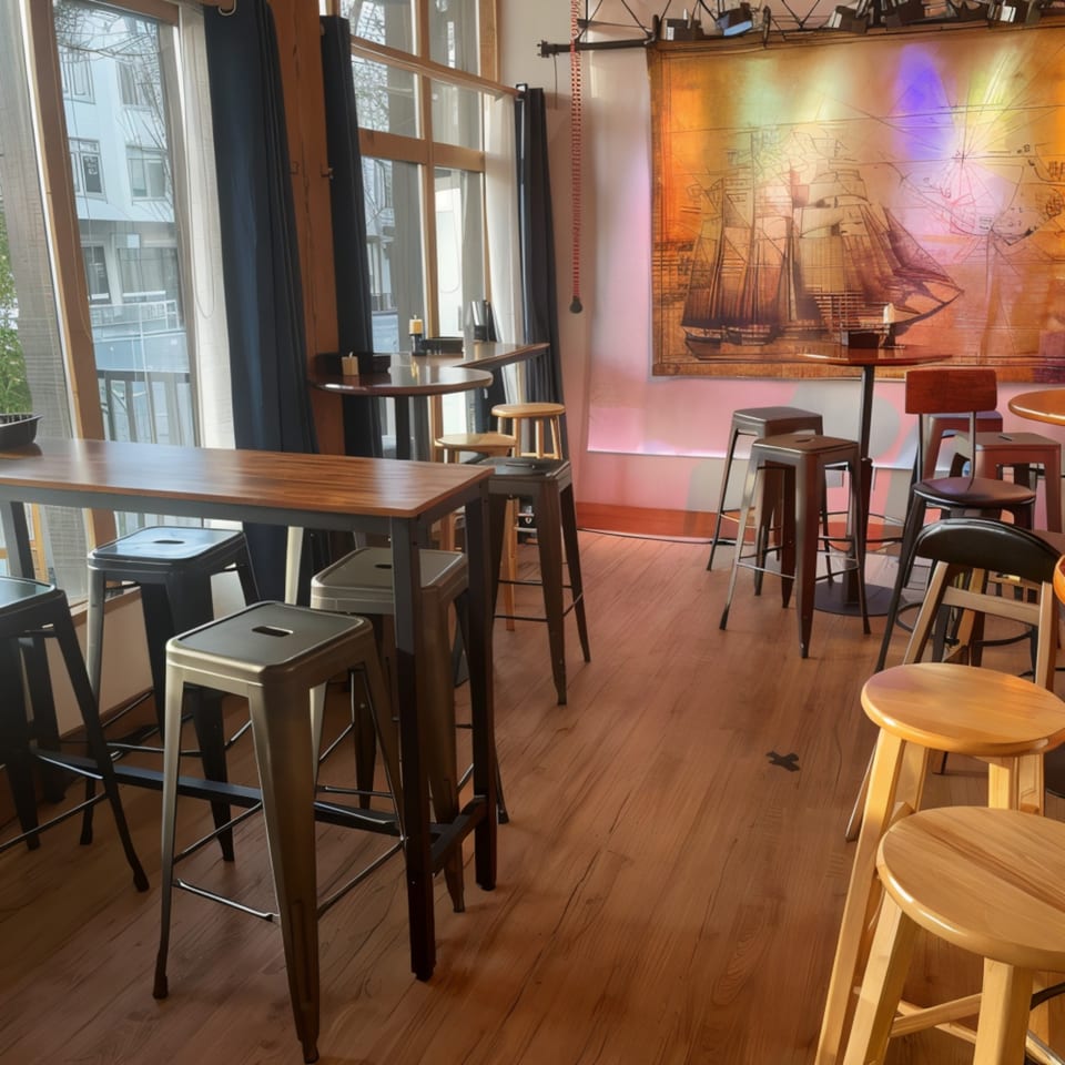 El Capitan's restaurant interior with high-top tables, bar stools, and a large ship tapestry.